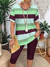 abordables Ensembles courts pour femmes-Femmes Mode T-shirt Ensembles de Shorts Manche Courte Col en V Graphique Rayé Imprimé Décontracté Quotidien Rose Claire Violet Vert Été Coupe régulière