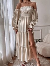 preiswerte Frauen schwarzes Kleid-Damen Langes Kleid Maxikleid Schößchen Kleider Mode Modern Outdoor Urlaub Ferien Normale Passform Einfach Dreiviertelarm Schulterfrei Schwarz Rote Beige Sommer