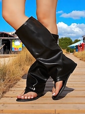 economico Infradito da Vacanza-Stivali alti fino al ginocchio in pelle nera da donna: un tocco di stile audace per festival musicali ed eventi di street style