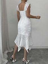 economico Abiti in pizzo bianco-Per donna Abito Midi Abito Bianco Abito in Pizzo Moda Moderno All&#039;aperto Vacanza Ferie Vestibilità regolare Semplice Senza Maniche Scollo a V Bianco Estate