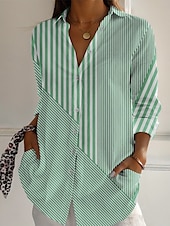 economico Top a Righe e Geometrici per Donne-Per donna Camicia A righe Attivo Quotidiano Elegante Manica Lunga Colletto a Camicia Top Regolari Quotidiano Ferie Bottoni Stampato Blu Viola Verde Cachi Grigio Primavera Autunno