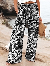 abordables jambe large et taille haute-Femmes Culottes Jambe Large Jambe large Chinos Vacances ancien Mode Longueur complète Taille haute Graphique Feuille Motif Ceinture Élastique Impression Respirant Doux Micro-Élastique Vacances Rue