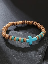 olcso Férfi ékszerek-Férfi természetes fa gyöngyös karkötő türkiz kereszttel – kézzel készített bohém rugalmas csuklópánt hétköznapi viseletre, nyári szettekhez és strandhangulathoz