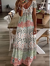 abordables Robes Boho-Femmes Robe Midi Robe d&#039;Été Robe trapèze Vacances Occasionnel Boho Sortir Plage Coupe Standard Fleuri Graphique Manche Courte Col en V Gris vert Blanche Vert Claire Rouge Été Printemps