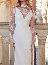 ieftine rochii de mireasa casual-Rochii de mireasă casual din crep elastic, tip sirenă/trompetă, cu pelerină detașabilă, decolteu în V, mânecă lungă, lungime până la podea, cu aplicații, 2025