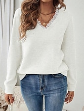 abordables Couleurs unies-Femmes Haut d&#039;épissage en dentelle Couleur Unie Élégant Occasionnel manche longue Col en V Hauts Réguliers Quotidien Dentelle Patchwork Noir Blanche Bleu Beige Gris Printemps Automne Hiver