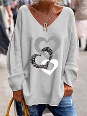 billige Kunst &amp; Design t-skjorte-Dame Bluse Hjerte Stilfull Fritid Langermet V-hals Vanlige topper Daglig Trykt mønster Svart Hvit Rosa Oransje Grønn Sommer Vår Høst