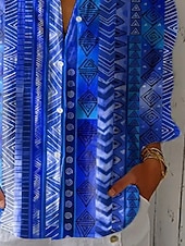 economico Bluse Floreali-Camicia da donna in lino simile traspirante leggera camicia tunica con bottoni colletto a maniche lunghe grafico geometrico paisley vintage tropicale quotidiano scollo a V lavoro stampa blu reale