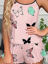 billige Søvnoverdeler og -nederdeler for kvinner-Dame Pyjamas Sett Fritid Komfort Sommerfugl Elastisk midje Stropp Topp Shorts Hjem Daglig Langermet stropper Rosa Blå Beige Sommer Normal