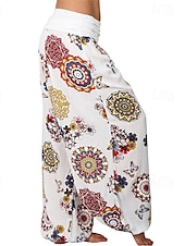 baratos perna larga e cintura alta-Mulheres Calças Calças Harem Calça Palazzo Moda Boho Comprimento total Cintura Média Imprimir Cintura elástica Confortável Micro-Elástica Rua Roupa Diária Para Noite Preto Branco Amarelo Rosa claro