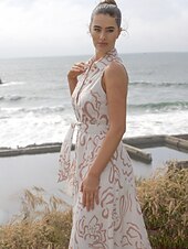 levne Květinové šaty-Dámské letní maxi šaty bez rukávů s áčkovým límcem a páskem, tvarované kapsy, látka v pase, slim fit, modrá, zelená, béžová