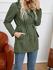 abordables Manteaux &amp; trenchs-Femmes Trench Chaud Confortable Fermeture éclair Avec Poches Mode Extérieur Uni Sortir Week-end Fermeture éclair Régulier À capuche Coupe régulière manche longue Vêtements d&#039;extérieur Noir Blanche