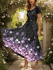 cheap Floral Dress-Women&#039;s Maxi Dress Knit Dress Casual Dress A Line Dress Summer Dress Elegant Vacation Casual Regular Fit Ombre Floral Graphic Short Sleeve Square Neck Pink Blue Purple Green Summer