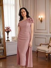abordables Longueur du thé-Robe fourreau  colonne robe mère de la mariée robe formelle élégante vintage épaule unique longueur thé tissu extensible manches courtes avec appliques plissées robe de derby robe de jour de course