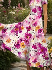 abordables Robes fleuries-Femmes Robe maxi Robe Décontractée Robe trapèze Robe d&#039;été Élégant Vacances Occasionnel Coupe régulière Fleuri Graphique Manche Courte Col carré Jaune Rouge Bleu Violet Été Automne
