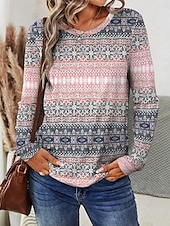 billige Boho t-skjorte-Dame T skjorte Grafisk Geometrisk Stilfull Fritid trendy Langermet Crew-hals Vanlige topper Daglig Helg Trykt mønster Rosa Blå Sommer Høst
