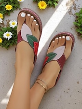 billige Komfortsandaler-Kilesandaler med fargeblokkmønster i bladdesign til dame – myke slip-on-flip-flops for hage, brunsj og sommerturer