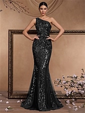 cheap BLACK-Mermaid / Trumpet Quinceanera Dresses Elegant Dress Formal Wedding Floor Length Sleeveless One Shoulder Polyester with Sequin 2025