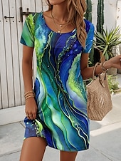 baratos Arte &amp; Design Vestido-Mulheres Minivestido Vestido T shirt Vestido A Line Vestido de verão Casual Diário Normal Gráfico Geométrica Manga Curta Crewneck Vermelho Azul Verde Escuro Roxo Verão Primavera