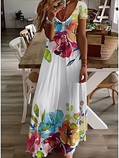 abordables Robes Boho-Femmes Robe Midi Robe d&#039;Été Robe trapèze Vacances Occasionnel Boho Sortir Plage Coupe Standard Fleuri Graphique Manche Courte Col en V Gris vert Blanche Vert Claire Rouge Été Printemps