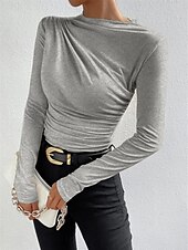 preiswerte Einfarbiges T-Shirt-Damen Bluse Einfarbig Elegant Stilvoll Basic Langarm Rundhalsausschnitt Normale Oberteile Täglich Gerafft Schwarz Weiß Braun Hellgrau Aprikose Sommer Frühling