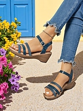 billige Uformelle sandaler-Damesandaler med kilehæl i kunstskinn og flettede stropper, avslappet sommerstil for helgeturer, hagefester og daglig komfort