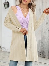 cheap Coats &amp; Trench Coats-Women&#039;s Casual Jacket Breathable Comfortable Buttons Casual Plain Vacation Street Casual Daily Wear Single Breasted Regular Collarless Regular Fit Long Sleeve Outerwear Black Apricot Gray Fall Winter