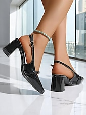 olcso Block Heels-női fekete lakkbőr blokk sarkú szandál szögletes orral, sikkes irodai cipők üzleti viseletre, hivatalos eseményekre és mindennapi ingázásra