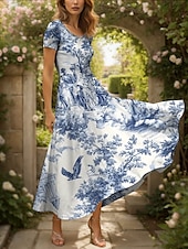 preiswerte Blumenkleider-Damen Maxikleid Freizeitkleid A Linie Kleid Sommerkleid Elegant Urlaub Lässig Normale Passform Grafik Blatt Vogel Kurzarm Quadrathals Rundausschnitt Schwarz und Weiß Gelb Rote Blau Sommer Herbst
