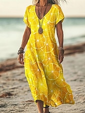 abordables Robes fleuries décontractées-Femmes Robe Longue Maxi Robe Robe Décontractée Robe d&#039;été Mode Extérieur Soirée Fête Coupe régulière Fleur Manche Courte Col en V Jaune Bleu Violet Marron Été