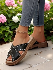 billige Uformelle sandaler-damesandaler med kryss og nagler, polstrede sandaler med åpen tå for festivaler, bassengkanten og helgeturer