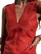 abordables concevoir des robes en coton et lin-Robe courte 100 % coton pour femme, coupe droite, décontractée, pour soirée, tous les jours, vacances, coupe classique, unie, sans manches, col en V, chanvre, noir, blanc, rouge, été