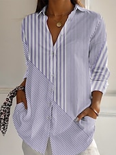 economico Top a Righe e Geometrici per Donne-Per donna Camicia A righe Attivo Quotidiano Elegante Manica Lunga Colletto a Camicia Top Regolari Quotidiano Ferie Bottoni Stampato Blu Viola Verde Cachi Grigio Primavera Autunno