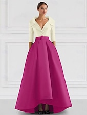 cheap BLUE-Blue Red A-Line Satin Formal Evening Gown Elegant Fall Wedding Guest Dress Tuxedo Dress Asymmetrical 3/4 Length Sleeve Shirt Collar with Pocket
