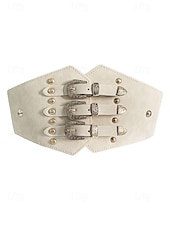 abordables Ceinture pour femme-Ceinture large élastique pour femme avec triple boucle vintage – Corset gothique en similicuir pour robes et costumes