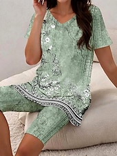 ieftine Seturi scurte pentru femei-Pentru femei Vacanță Epocă Modă Tricou Seturi de pantaloni scurți Manșon scurt În V Floral Grafic Imprimeu Casul / Zilnic Verde Deschis Mov Strugure Albastru Marin Închis Vară Fit regulat