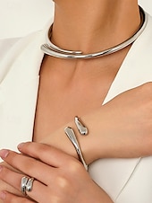 economico Collana da donna-Set di collana, bracciale e anello in argento e oro da donna, gioielli dal design semplice e aperto per donne alla moda, adatti per feste, ufficio e look quotidiani eleganti.