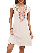 cheap Boho Dress-Women&#039;s Mini Dress Casual Dress Fashion Modern Elegant Dress Cap Sleeve Wedding Daily Date Regular Fit Floral Embroidery Sleeveless V Neck Black White Orange Summer