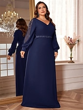 preiswerte BLAU-A-Linien Plus Size Kleider Elegantes Kurvenkleid Formelles Hochzeitsbodenlänges Langärmel V-Ausschnitt Chiffon mit Perlen 2025