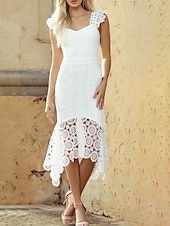 economico Abiti in pizzo bianco-Per donna Abito Midi Abito Bianco Abito in Pizzo Moda Moderno All&#039;aperto Vacanza Ferie Vestibilità regolare Semplice Senza Maniche Scollo a V Bianco Estate