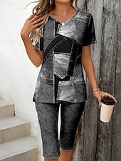 abordables Ensembles courts pour femmes-Femmes Mode Élégant T-shirt Ensembles de Shorts Manche Courte Col en V Graphique Géométrique 3D Patchwork Imprimé Décontracté Quotidien Noir Bleu Encre Bleu clair Été Coupe régulière