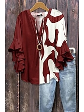 economico Top d&#039;Arte e Design per Donne-Per donna Blusa Floreale Grafico Geometrico Bohemien Vintage Quotidiano Manica 3/4 Manica a Volant Scollo a V Top Regolari Quotidiano Ferie Abbigliamento da vacanza Volant Stampato Nero Rosa Blu
