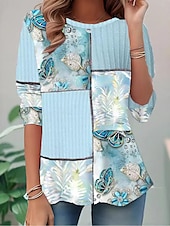 ieftine tricou floral-Pentru femei Tricou Floral Grafic Modă Casual Manșon Lung Stil Nautic Topuri obișnuite Zilnic Imprimeu Roz Îmbujorat Albastru celest Portocaliu Vară Primăvară Toamnă