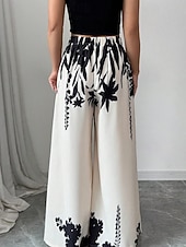 cheap Wide Leg &amp; High Waisted-Women's Wide Leg Slacks Streetwear Casual Full Length Natural Flower Elastic Waist Printing Comfy Outdoor Comfortable Holiday Weekend Black White Fall Regular Fit