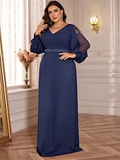 preiswerte BLAU-A-Linien Plus Size Kleider Elegantes Kurvenkleid Formelles Hochzeitsbodenlänges Langärmel V-Ausschnitt Chiffon mit Perlen 2025