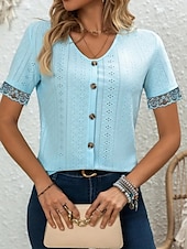 baratos Tops de Renda-Mulheres Camisa de renda Côr Sólida à moda Casual Estilo Praia Manga Curta Decote V Tops regulares Diário Renda Patchwork Botões Branco Azul Céu Verão