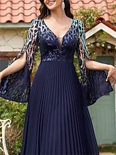 voordelige BLAUW-A-Lijn Quinceañera Jurken Elegante Jurk Formele Bruiloft Vloer Lengte Halve Mouwen V-hals Polyester Met Slits