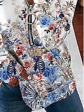billiga Boho-toppar-Dam Blus Blommig Dagligen Stylish Långärmad Rund hals Vanliga toppar Dagligen Utekväll Mönster Fjärdedels blixtlås Vit Vår Höst