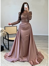 preiswerte Rosa-Meerjungfrauenschnitt Abendkleid Elegant Kleid Karneval Formell Bodenlang Langarm Illusionsausschnitt Abnehmbar Satin mit Perlen Überrock 2025