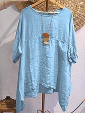 economico Camicie-camicetta da donna in cotone e lino tinta unita elegante casual mezza manica girocollo top normale quotidiano festa bianco blu navy blu arancione marrone estate autunno